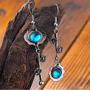 Silver Irregular Mix Match Blue Topaz Flower Dangle Vintage Boho Earrings